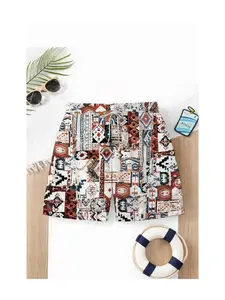 Summer Boys' Bohemian Ethnic Patchwork Drawstring Beach Pants, Kids Retro Loose Fit Coastal Vacation Swim Shorts, Cartoon Pattern