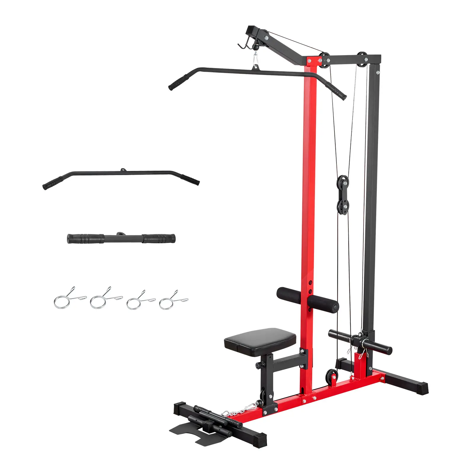 LAT Pull Down Machine, 2-in-1 Row Cable Machine, Cable Machines Home Gym with 3-Level Adjustable Seat, 4-Level Adjustable Foam Roller, Load 500 lbs Lat Tower for Back, Chest, Tricep, Black Red