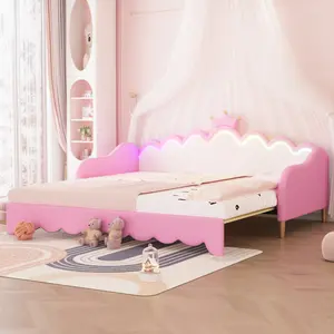 [SOIYELIFE] Twin Extending Daybed with LED Lights, Modern Upholstered Princess Daybed With Crown Headboard,Pink