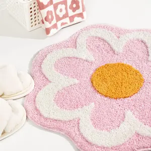 P-BS013   Cute Pink Flower Bath Mat, Machine Washable Bath Rug, Ultra Soft and Fluffy Bathroom Mat, Small Round Non-Slip Water Absorbent Bath Mats for Bathroom Floor, Shower Room and Bathtub Cozy Microfiber