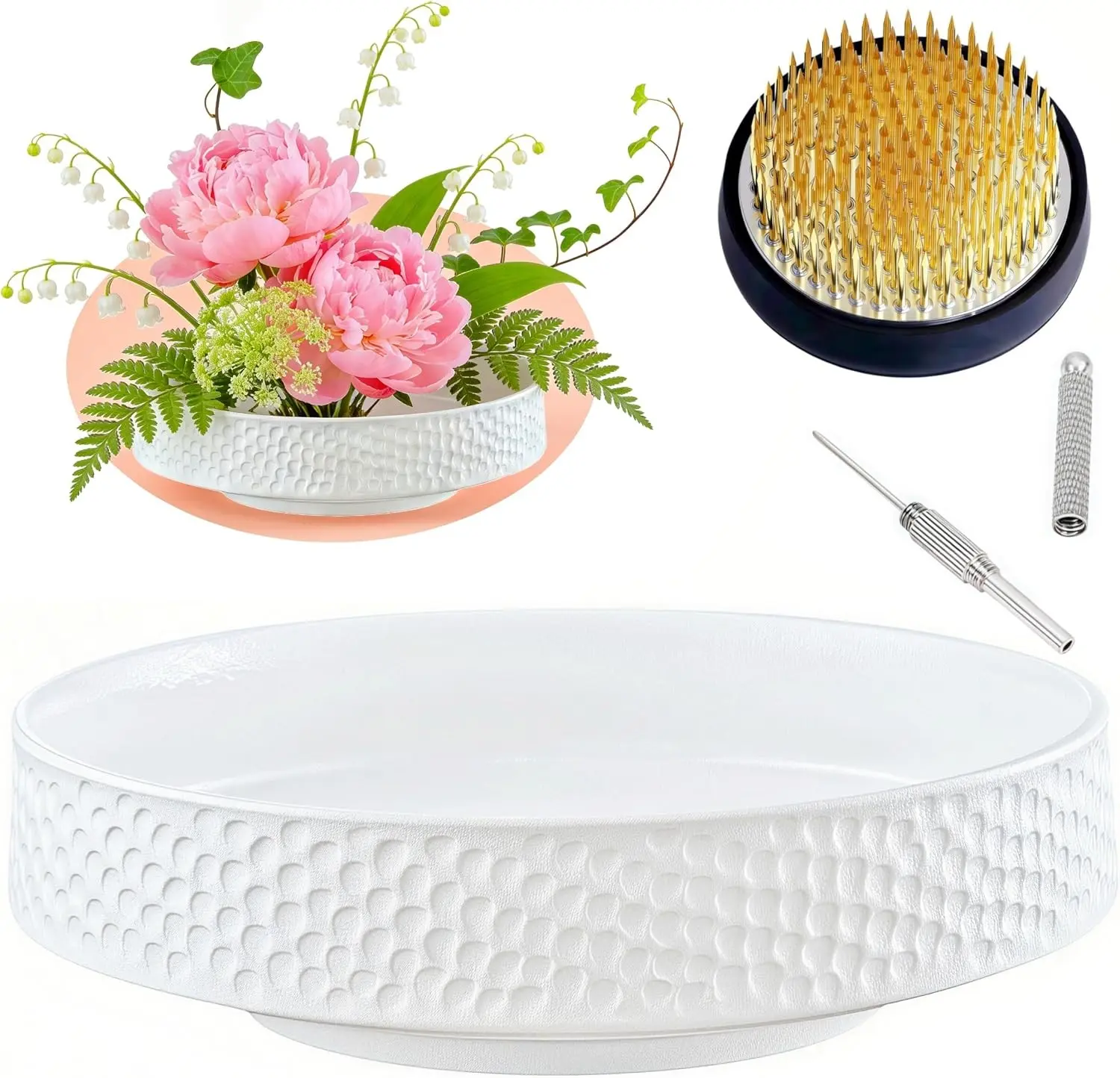 Japanese Ikebana Kit Floral Frog, Japanese Flower Arranging Supplies Flower Container with Needle Straightening Tool & Kenzan - 2.4inch Flower Frog Bowl Vase with White Hammering Pattern