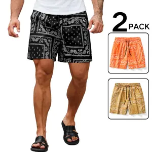 2-Piece Retro Bandana Print Shorts for Men - Adjustable Elastic Waist, Classic Paisley Design for Summer Beach & Street Fashion