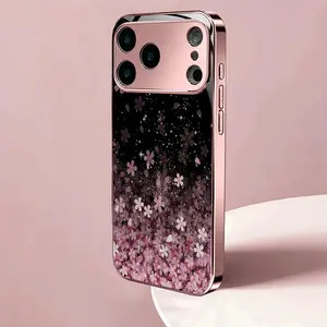 New Rose Pink Electroplated Glass Phone Case, Cherry Blossom Gradient Pattern, Light Luxury Fashion Simple and Elegant with Lens Protection, For iPhone 17, 16, 15, 14, 13, 12, 11 Pro/Pro Max/Plus, Festival Gift, Fashion Accessories, Daily Essential, Minim