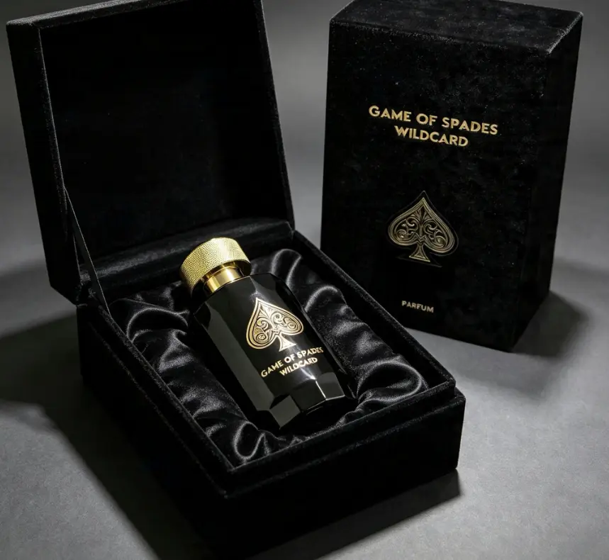 Opulent Black Velvet Luxury Rich Wood Men Perfume Game Of Spades Wildcard Parfum Warm Amber Leather Fragrance, Sleek Embossed Gold Spade Velvet Gift Box Perfect Premium Gift For Boyfriend Husband Dad Anniversary Christmas Wedding Groomsmen