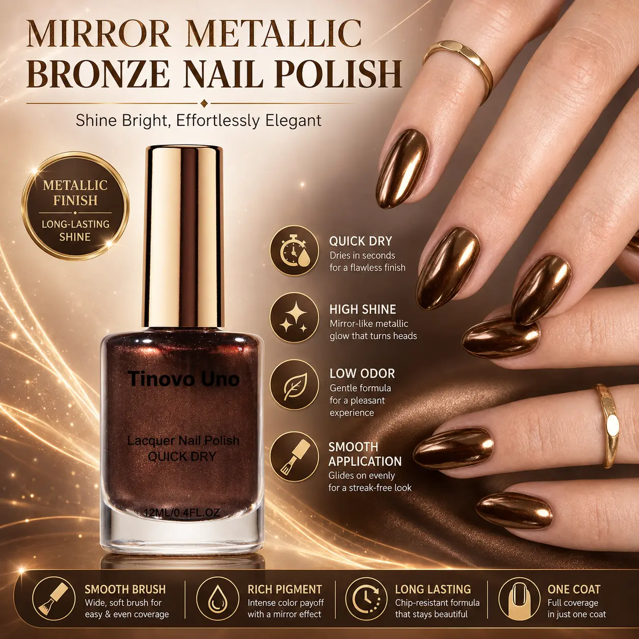 Tinovo Uno Mirror Effect Nail Polish, Alcohol-Free Metallic Chrome Formula, No UV Lamp Needed, Quick-Dry, Scratch-Resistant, Nail Protection, High-Gloss Finish, Perfect for Daily Wear & Party Looks