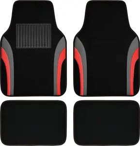 Leather Sporty Car Floor Mats Carpet, Universal Waterproof Automotive Floor Mat Fit for Sedans, Cars, Mid Trucks, Vans, SUV, Set of 4 (Black and Red)