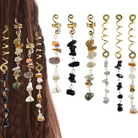 Natura Stone Hair Charms for Braids - 6 Braided Hair Accessories in Black with High-Quality Alloy, Retro Production Technology, Pack of 6