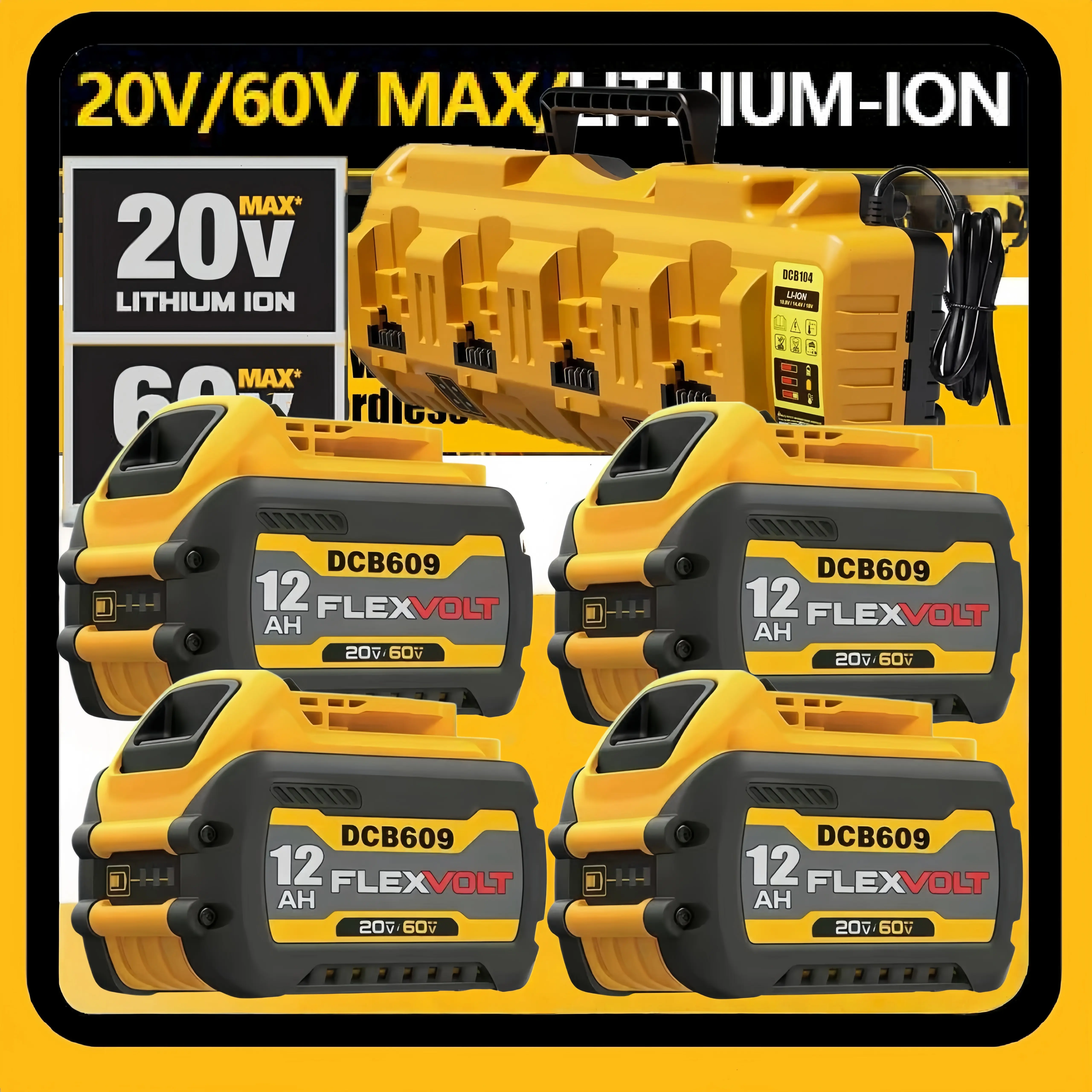 For DEWALT DCB104 20V MAX Multi-Port FastBattery Charger/2/4X DCB609 Batteries