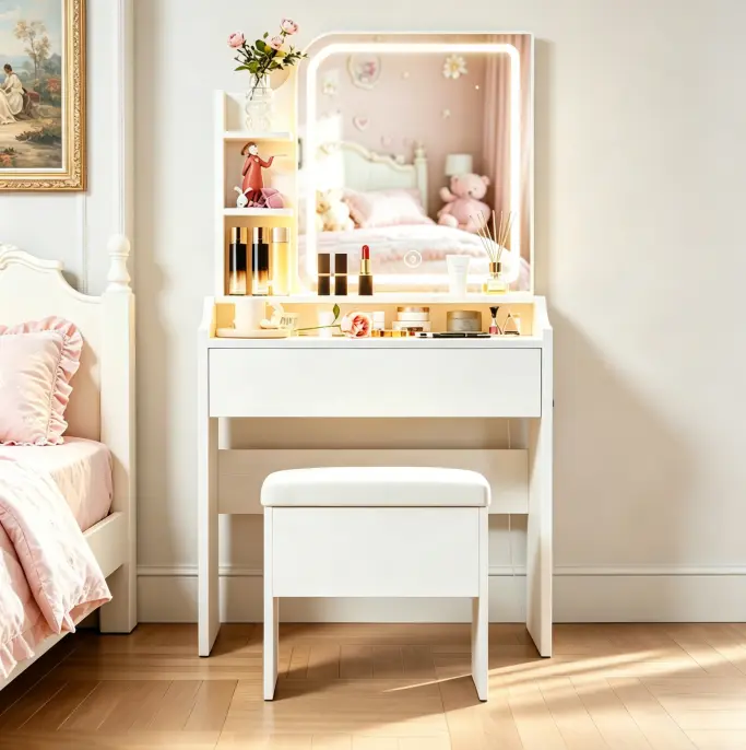 Women's Compact White Built-In Makeup Vanity with Adjustable LED Mirror, Storage Drawers, Vanity Organization, Makeup Organization – Suitable for Bedrooms, Dorms