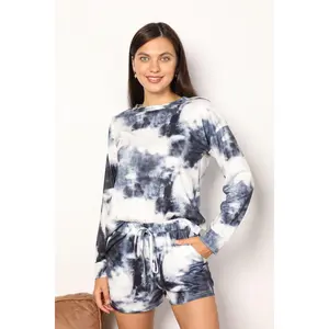 Shiny Tie-Dye Round Neck Top and Shorts Lounge Set - Opaque, Slightly Stretchy, Long Sleeve Top & Drawstring Shorts, 95% Polyester 5% Spandex, Hand Wash Cold