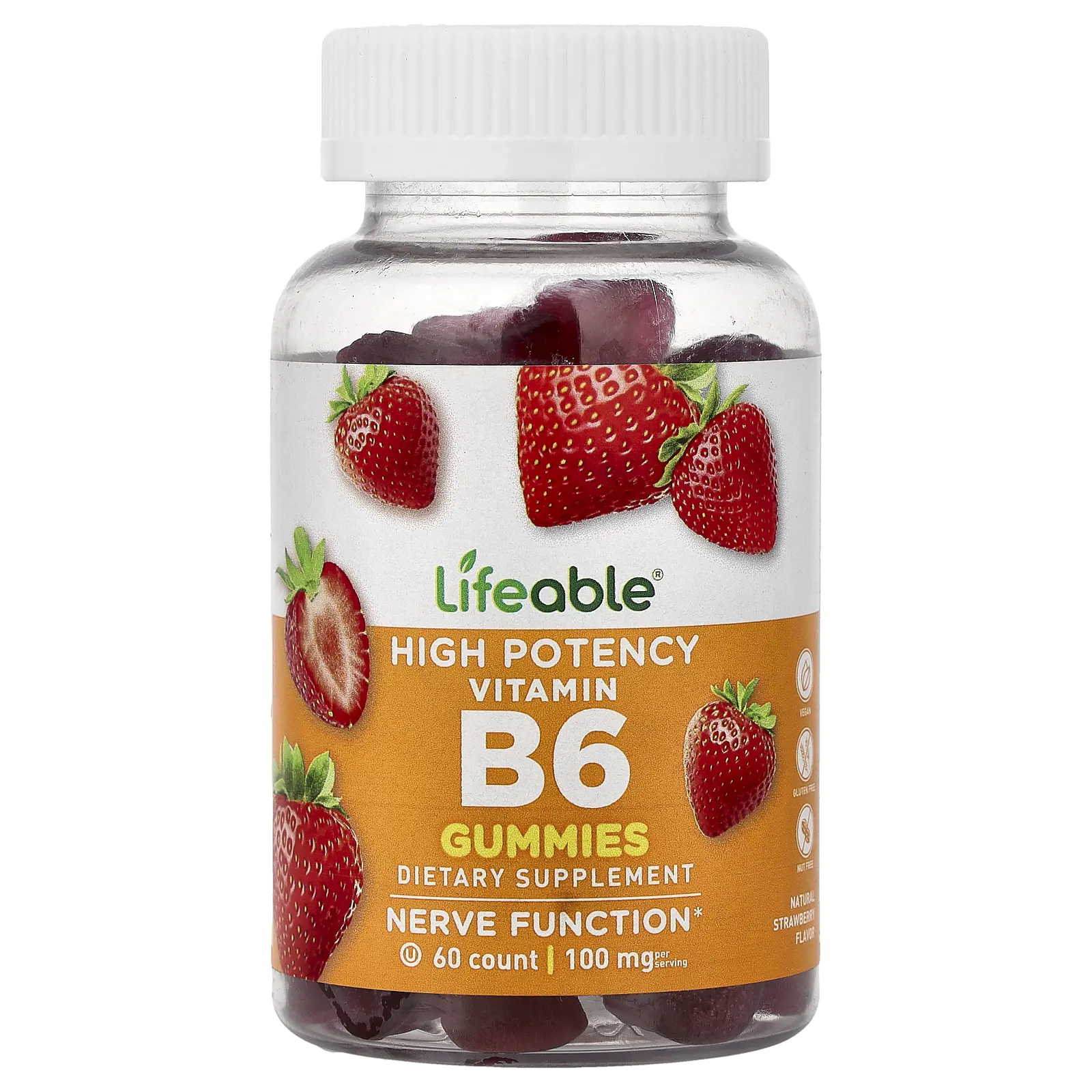 Lifeable Vitamin B6 Gummies, High Potency, Natural Strawberry, 60 Gummies (50 mg per Gummy)
