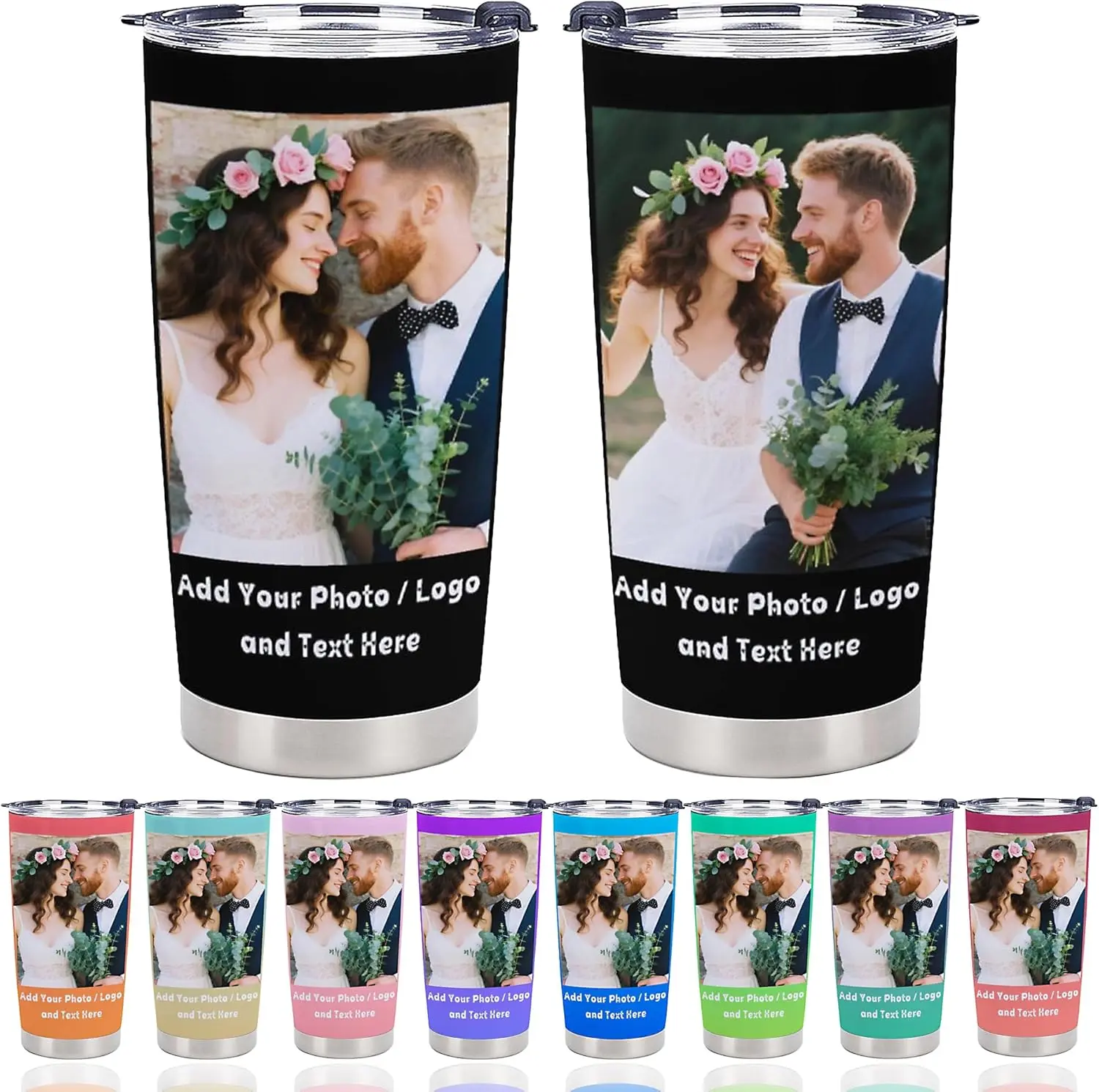 Personalized Stainless Steel Coffee Tumbler - 20oz Portable Vacuum Flask with Lid, Straw, 2 Photos+Text, Logo, Name - Custom Water Bottles for Office, Car Birthday Gifts (Kitchenware Drinkware), Flasks