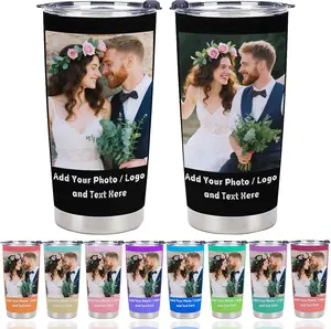 Personalized Coffee Tumbler with Pictures Text Logo Name, Custom Stainless Steel Tumbler with Lid and Straw, Customized Coffee Travel Mug Cups, 20oz Water Cups Birthday Gifts for Women Men Office Car