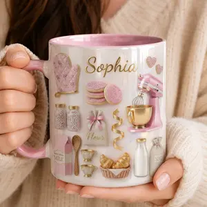 Personalized Baker Mug, 2D Printed 3D Effect Ceramic Coffee Cup, Pink Baking Mixer Cookie Flour Design, Custom Name Gift for Women Bakers, Pastry Chef, Kitchen Lover, Birthday, Christmas, Mother’s Day Gift
