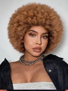 70s Short Afro Wig with Bangs for Women, Fluffy Huge Puff Bouncy Kinky Curly Synthetic Wig, Afro Kinky Wigs Daily Party Cosplay Use