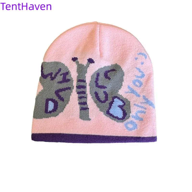 2026 Japanese Pink Butterfly Jacquard Knitted Hat Autumn/Winter Women's New Style Street Fashion Personalized Knitted Cold Hat Trend