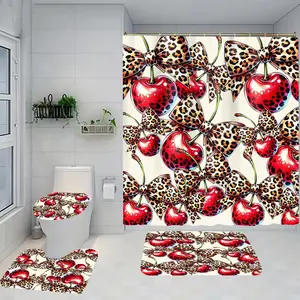 1/4 piece cherry bow design bathroom set, including soft floor mat, toilet seat cushion, shower curtain, creating elegant decoration for home decor. The floor mat has good rebound, water absorption, anti slip, and is the first choice for gift giving