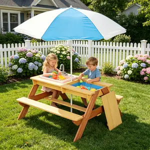 Wooden Kids Picnic Table, Multifunctional Sand and Water Activity Table with Protective Umbrella, Durable Outdoor Play Furniture for Backyard and Patio Kids Entertainment