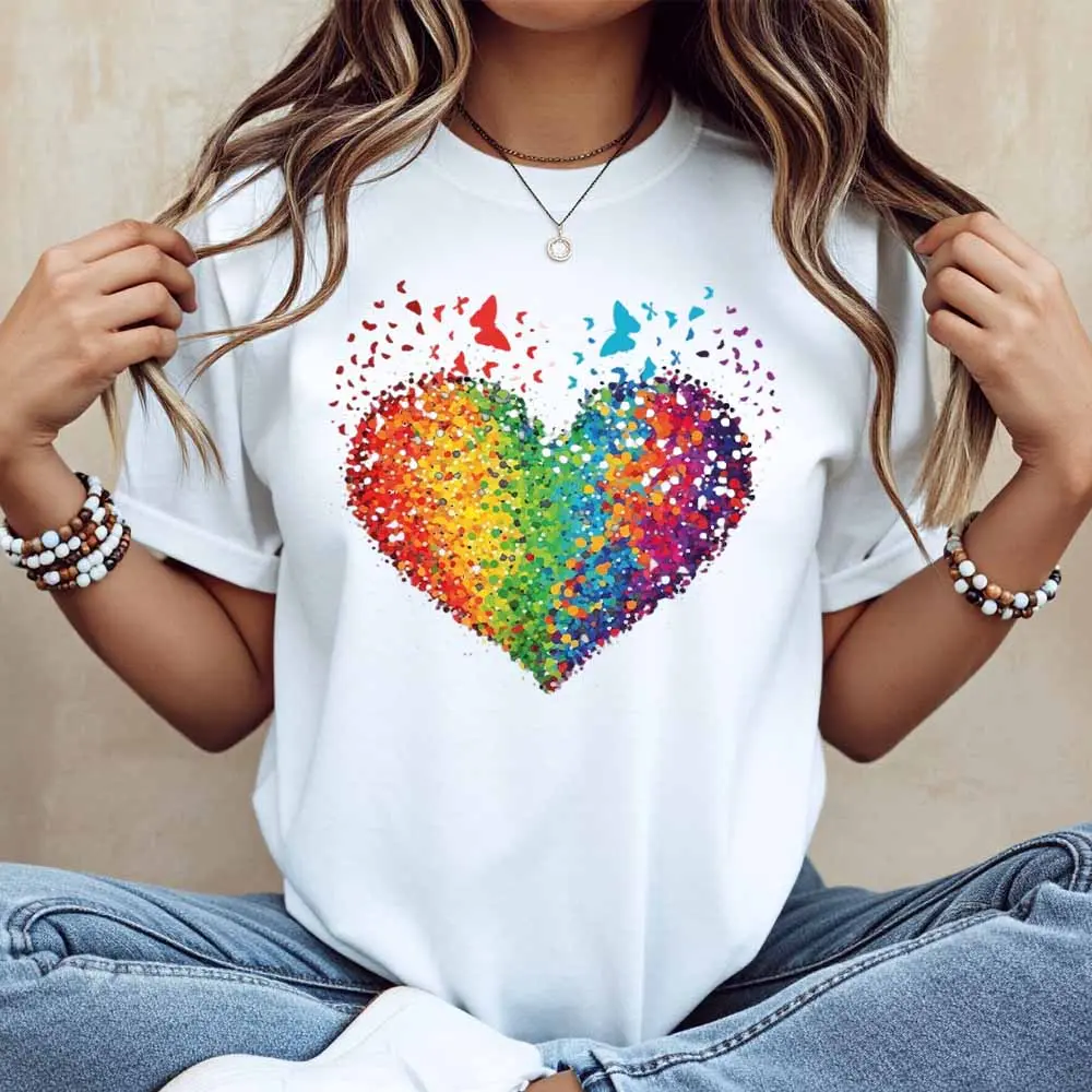Rainbow Heart Print T Shirt White Casual Loose Fit For Leisure And Sports Activities