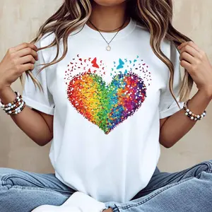 Rainbow Heart Print T Shirt White Casual Loose Fit For Leisure And Sports Activities