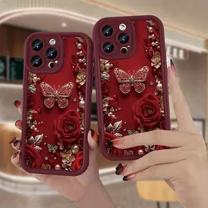An exquisite phone case with red rose flower and pearl butterfly flying pattern, suitable for iPhone 17 Air/16 Plus/15 Pro Max/14 Pro/13/12/11/XS Max/X phone case, the best choice for holiday gifts to family, friends, lovers, girlfriends TY170