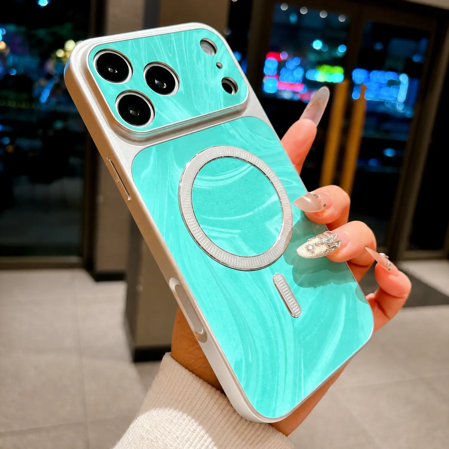 Shockproof Case for iPhone 17/15/14/13 Pro Max Case,Compatible with MagSafe Luxury Marble-Patterned Built-in Camera Lens Protection, Drop-Resistant & Ultra-Slim Water Ripple Wave Pattern Soft Touch Camera Lens Protection Magnetic Case