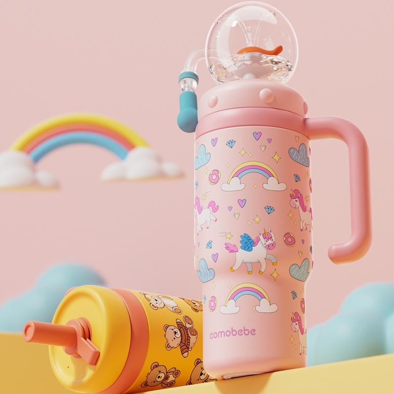 【COMOBEBE】24oz Stainless Steel Whale Fountain Tumbler with Handle – Two Lids, Spill-Proof, Dishwasher Safe, Cute & Perfect for Teens, and Adults Water Bottles Sturdy Drinkware Flasks