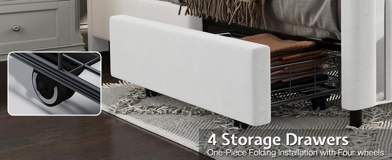 AMERLIFE Modern Upholstered Platform Bed Frame with 4 Storage Drawers and LED Light, Adjustable Headboard with Vertical Channel, No Box Spring Needed/Christmas Gift/Best Gift Ideas