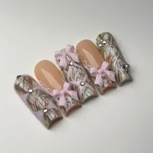 Camo Realtree Print 3D Bows Press On Nails, Pink Ribbon Coquette Hunting Inspired Nail Art