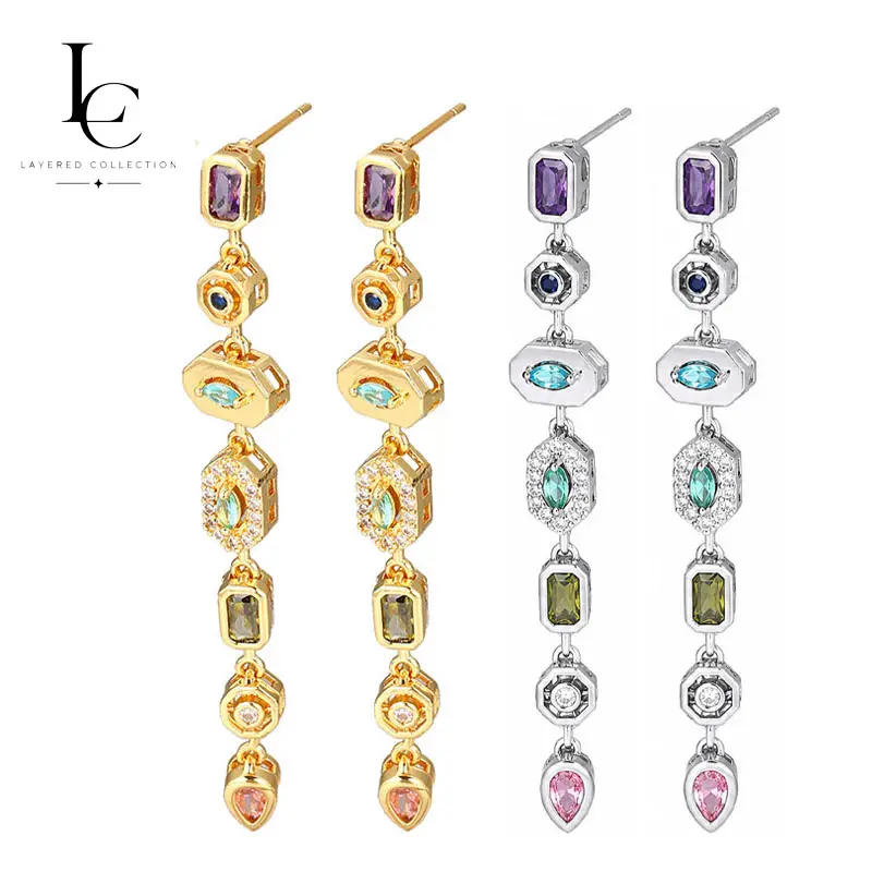 Multi Color Gemstone Drop Earrings for Women – Gold & Silver Plated Long Dangle Statement Earrings, Purple Blue Green Pink Accent Fashion Earrings, Elegant Party & Daily Wear Gift for Her  ，