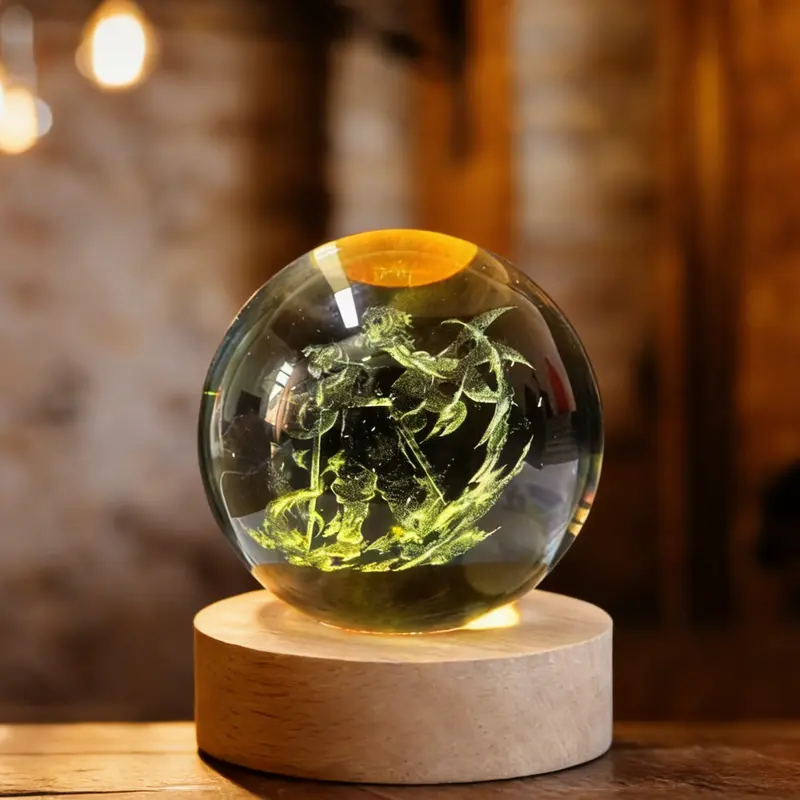Demon Slayer Anime Crystal Ball - 3 Inch Glowing Colorful Glass Sphere with Laser Engraved Demon SlayerCharacters, LED Light Base, Perfect Christmas Gift for Anime Fans, Cosplay Collectible & Home Decor