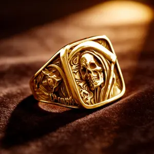 1PC Unique Skull and Death Deity Ring, available in black/gold, featuring a punk trendy style and exquisite craftsmanship to showcase individuality. It is an eye-catching accessory for men at Halloween rock parties and other special occasions