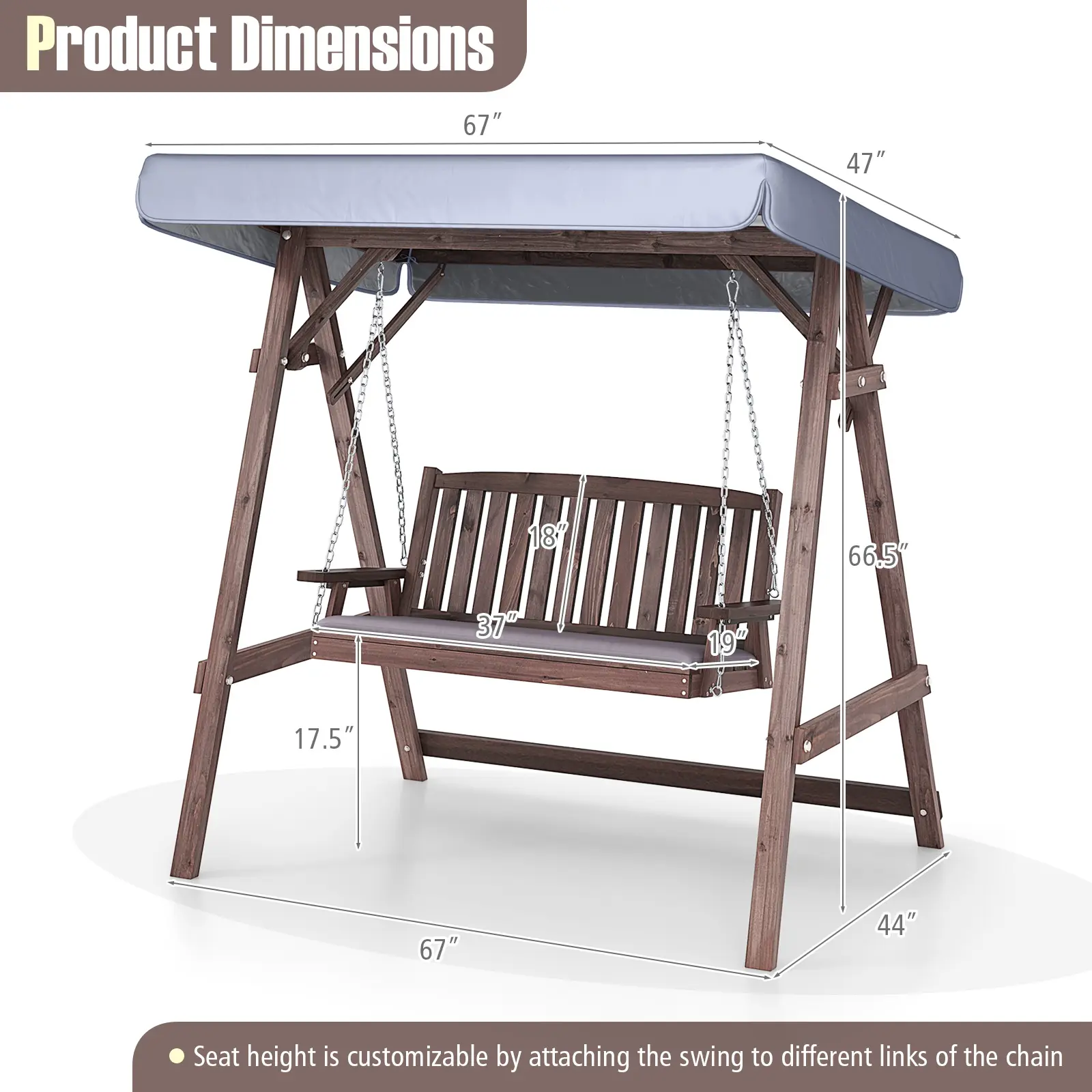 COSTWAY - 2-Person Porch Swing with Fir Wood Stand and Tilt Canopy-Brown