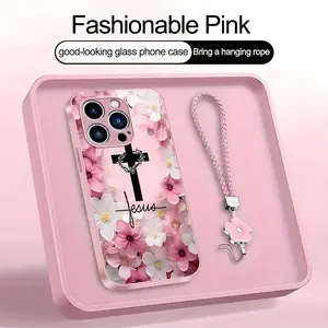Christian Jesus Cross Floral Art Phone Case, Suitable for [iPhone 15 Pro Max] high-end women's, Lanyard a beautiful four-leaf clover lanyard is included🍀 952