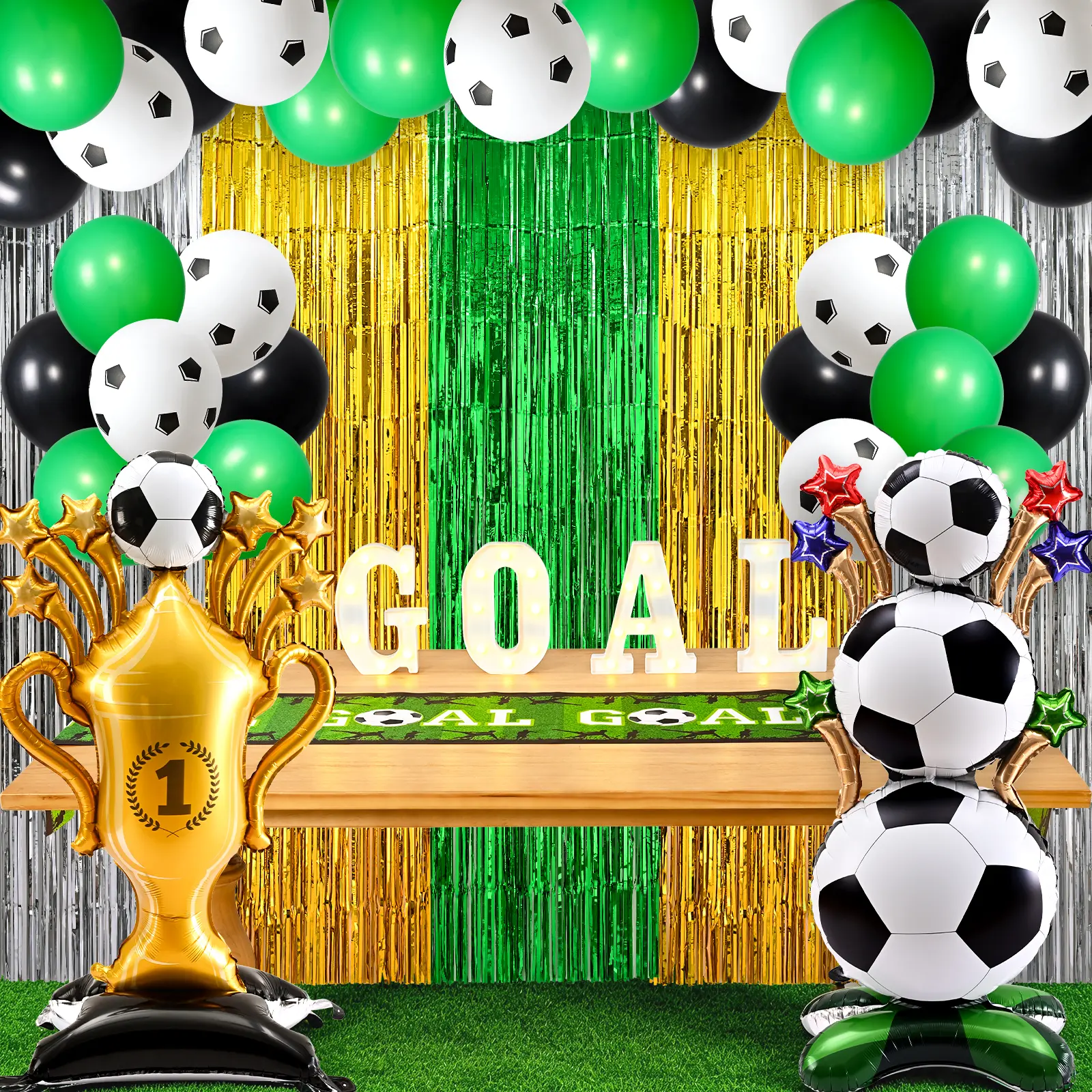 2026 Soccer Game Day Party Decor Set - Full Watch Party Kit with GOAL Light Up Sign, Trophy & Stacked Soccer Ball Foil Balloons, 30 Latex Balloons, Metallic Tinsel Backdrops & GOAL Table Runner