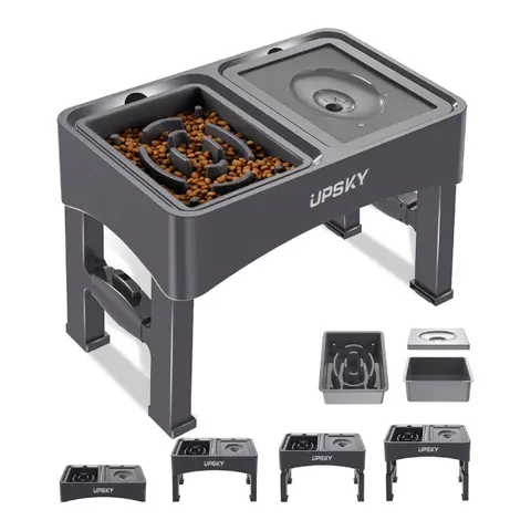 UPSKY Elevated Dog Bowl Stand Feeding Set, 2-in-1 Foldable 4-Height Adjustable 12.2-Inch Raised Feeder, Anti-Slip, Neck Strain & Joint Relief for Small-Medium Dogs (001black: Slow Feeder+No Spill Bowl; 004: Slow Feeder+Stainless Bowl+No Spill Bowl+Mat)