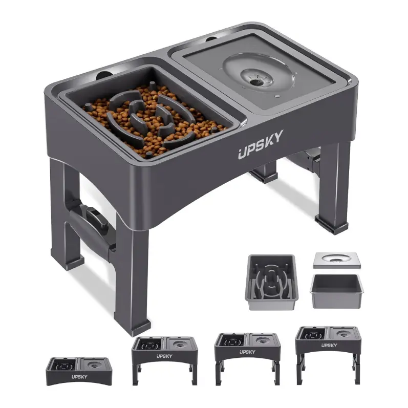 UPSKY Elevated Dog Bowl Stand Feeding Set, 2-in-1 Foldable 4-Height Adjustable 12.2-Inch Raised Feeder, Anti-Slip, Neck Strain & Joint Relief for Small-Medium Dogs (001black: Slow Feeder+No Spill Bowl; 004: Slow Feeder+Stainless Bowl+No Spill Bowl+Mat)
