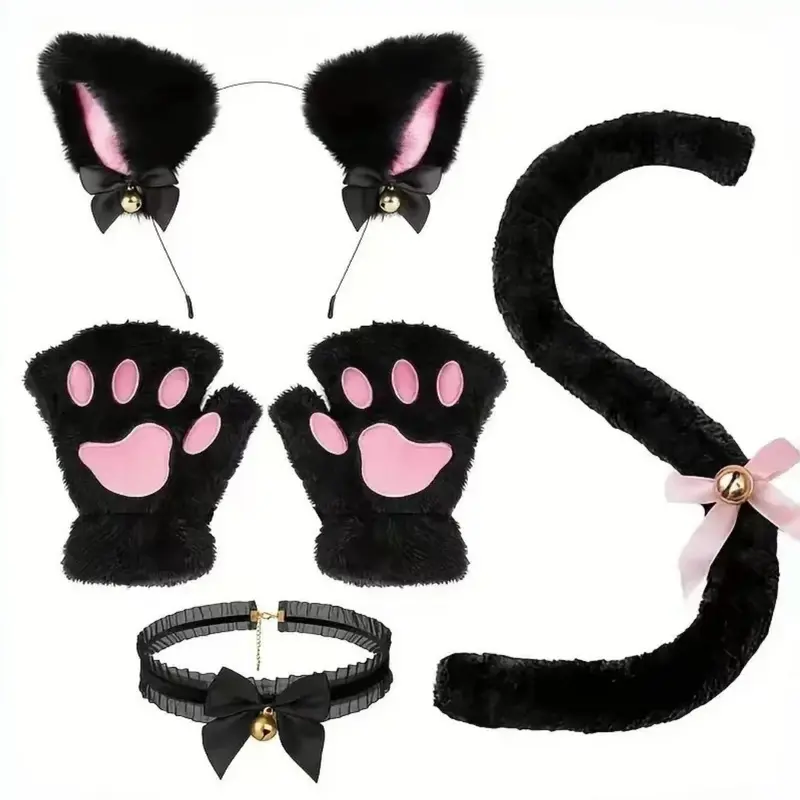Handmade Fluffy Cat Ears, Paw Gloves, Bell Tail & Choker, Womenswear, Party Costume Accessories, Ideal for Dance Performances, Cute Kitty Themed Accessories Set for Halloween