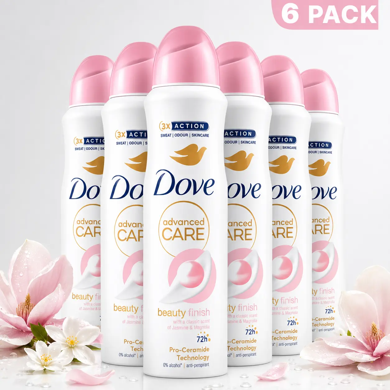 Dove Advanced Care Beauty Finish Women’s Deodorant Spray 6 Pack (5oz / 150ml) 1/4 Moisturizing Cream 72H Anti-Perspirant Protection with Pro-Ceramide Technology