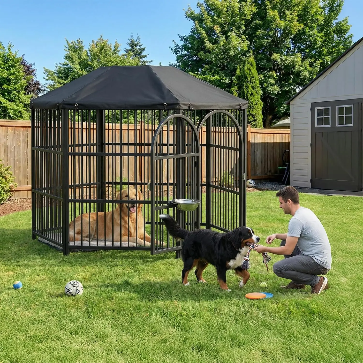 Heavy Duty Outdoor Dog Kennel with Waterproof Roof – Galvanized Metal Crate for Large Dogs, Hexagonal Playpen with Secure Latches & Anti-Rust Design, Perfect for Backyard & Farm, No Escape for Strong Dogs