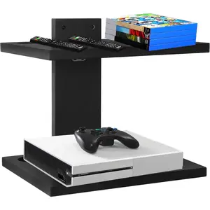Wooden 2-Tier Black Floating Wall Mount Under TV Shelf for Projector, PS5, Game Console, DVD Player, Cable Box