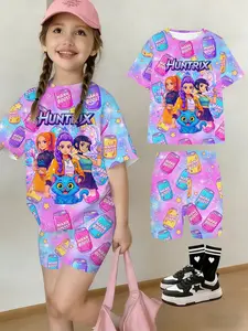 Girls Kpop Korean Summer Fashion Comfortable Short Sleeve Yoga Shorts Set, Cartoon Anime Print, Casual Daily Wear, Holiday Gift, Kpop Influence