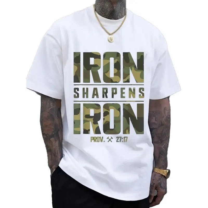 Unisex Graphic T-Shirt with "Iron Sharpens Iron" Proverbs 27:17 Print, Casual Loose Fit Streetwear Top in 100% Cotton, Breathable Round Neck, Digital Print, Pure Cotton, Club, Vintage, Dry Clean