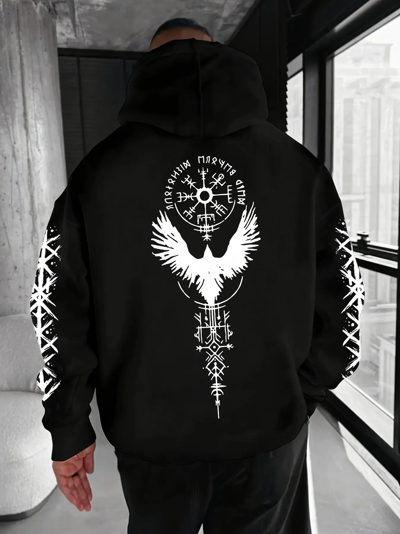 Norse Viking Rune & Eagle Graphic Hoodie, Unisex Pagan Edgy Streetwear Oversized, Fitted Hoodie, Nordic Myth Aesthetic Apparel, Comfortable Fleece Casual Hoodie, Black