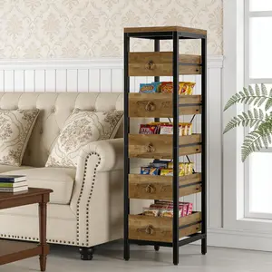 Kitchen Fruit Vegetable Storage Rack, 5-Tier Narrow Snack Fruit Display Stand with 5 Pull-Out Drawers Basket, Utility Organizer Standing Shelf for Kitchen Living Room Bathroom Supermarket