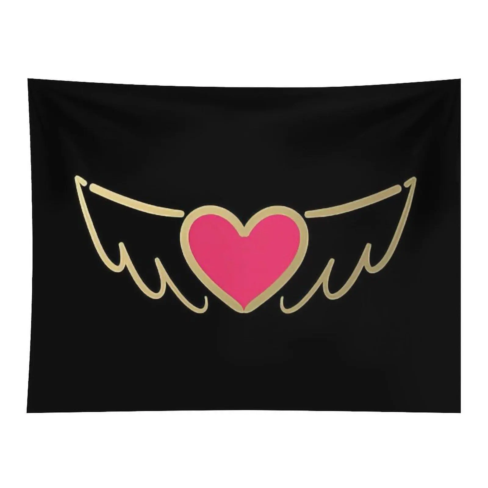 Pink Heart With Golden Angel Wings On Black Background Wall Tapestry, Romantic Love Symbol Minimalist Art For Bedroom Wall Hanging Decoration