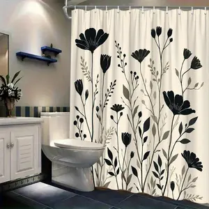 1pc Elegant Black Floral Shower Curtain with Hooks - Silhouetted Botanical Design on Light Beige Background, Organic Flowing Lines, Polyester Fabric, 70.8x70.8 Inches, Perfect for Modern Bathroom Decor