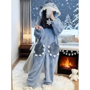 Adult Shark One-Piece Pajamas Unisex - Cute Shark Hat Home Clothes One-Piece Animal Shaped Pajamas with Tail Design Christmas Warm Gift