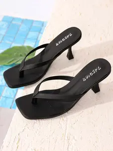 Women's Fashion High Heel Flip Flops, Synthetic Leather, Rubber Sole, Solid Color, Comfortable Beach Shoes, All-Season Footwear, Summer