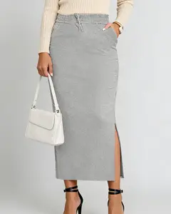 Women's Casual Grey Drawstring Waist Side Split Pocket Midi Skirt Soft Comfy Stretchy Fabric Affordable Streetwear - Womenswear